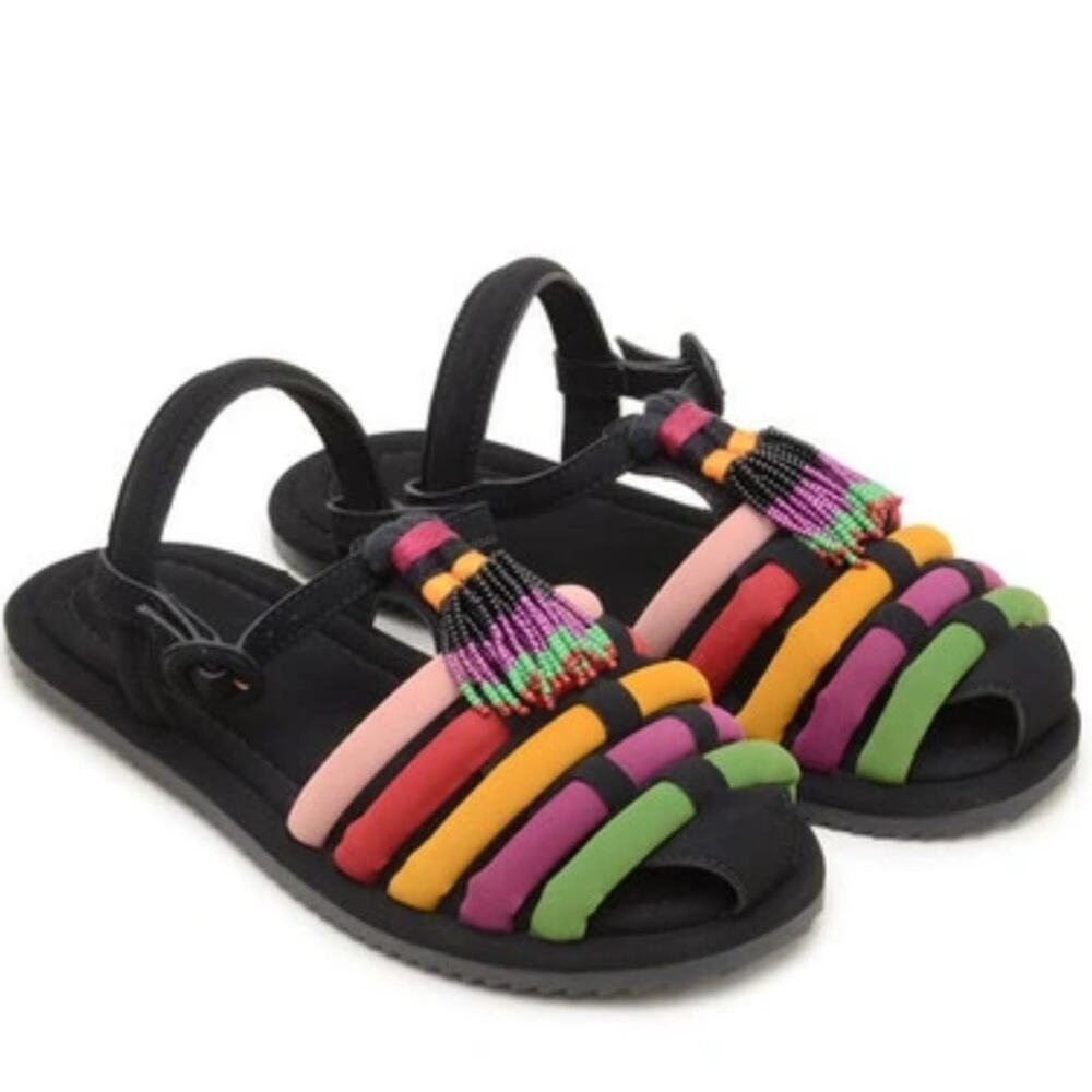 Farm Rio Beaded Rainbow Tube Strap Sandals Black Size 11 Like New
